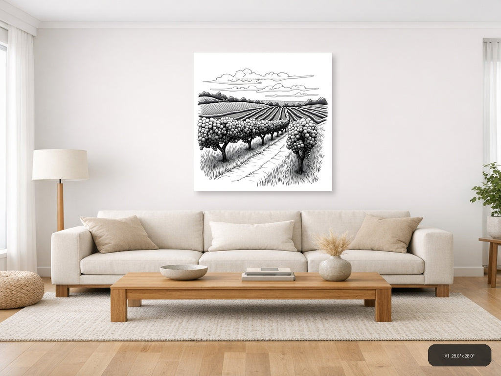 Vineyard Harvest Line Art - Agricultural Farm Wall Art — A1 / Living Room