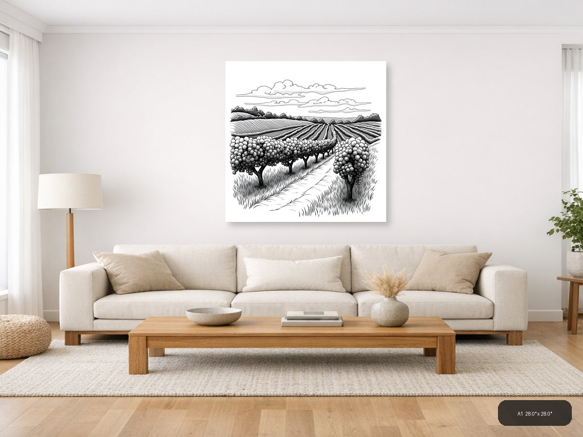 Vineyard Harvest Line Art - Agricultural Farm Wall Art — A1 / Living Room