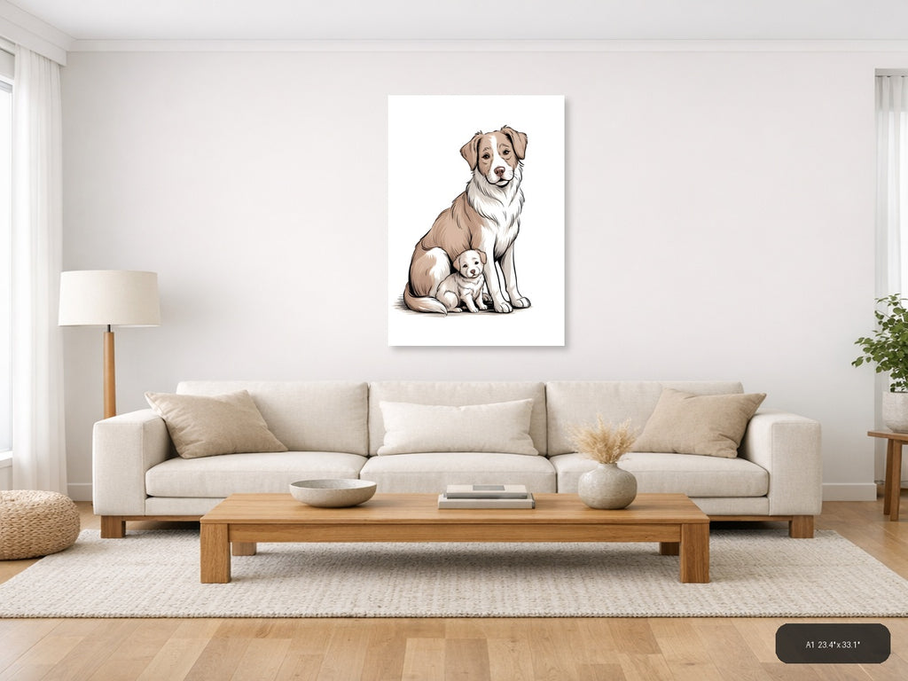 Adult Dog with Puppy Minimalist Portrait Wall Art — A1 / Living Room