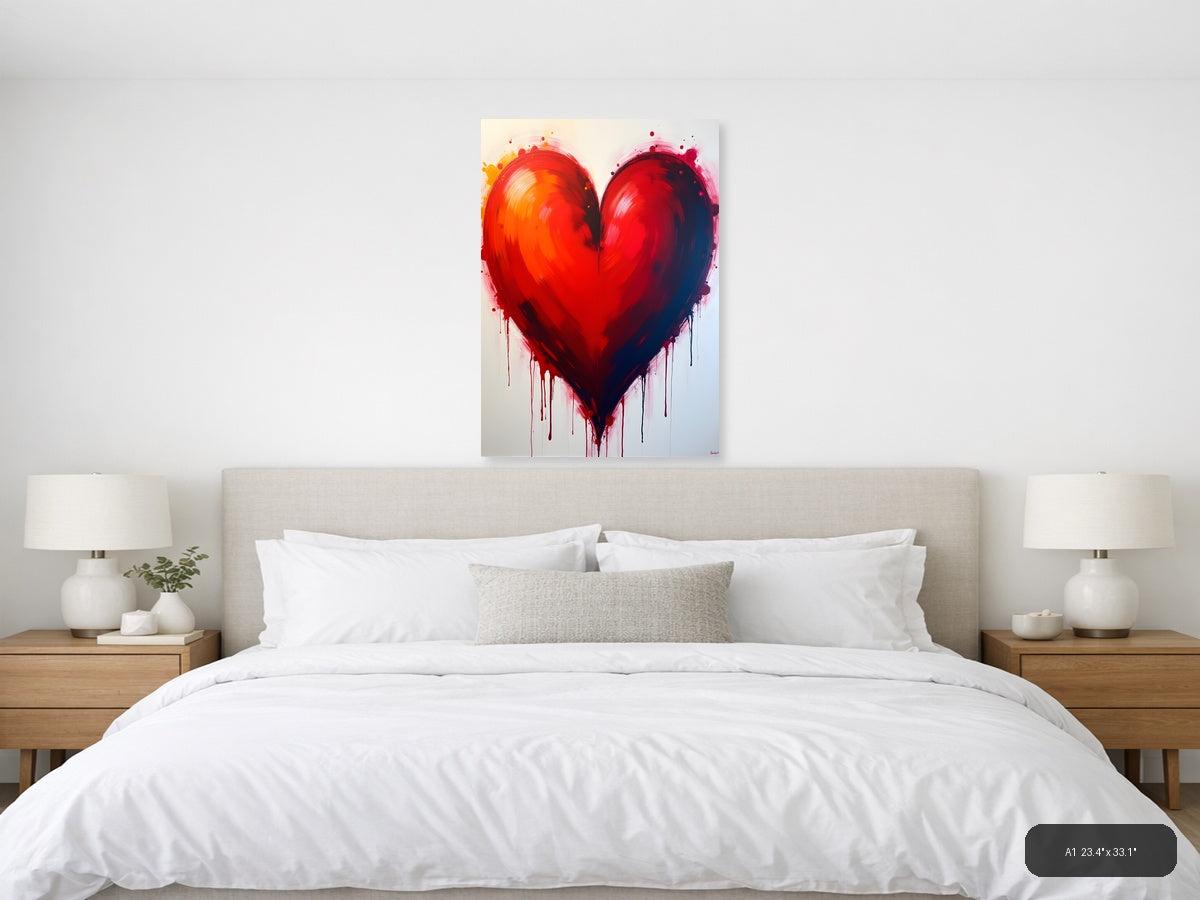 Abstract Red Heart with Dripping Paint Wall Art — A1 / Bedroom