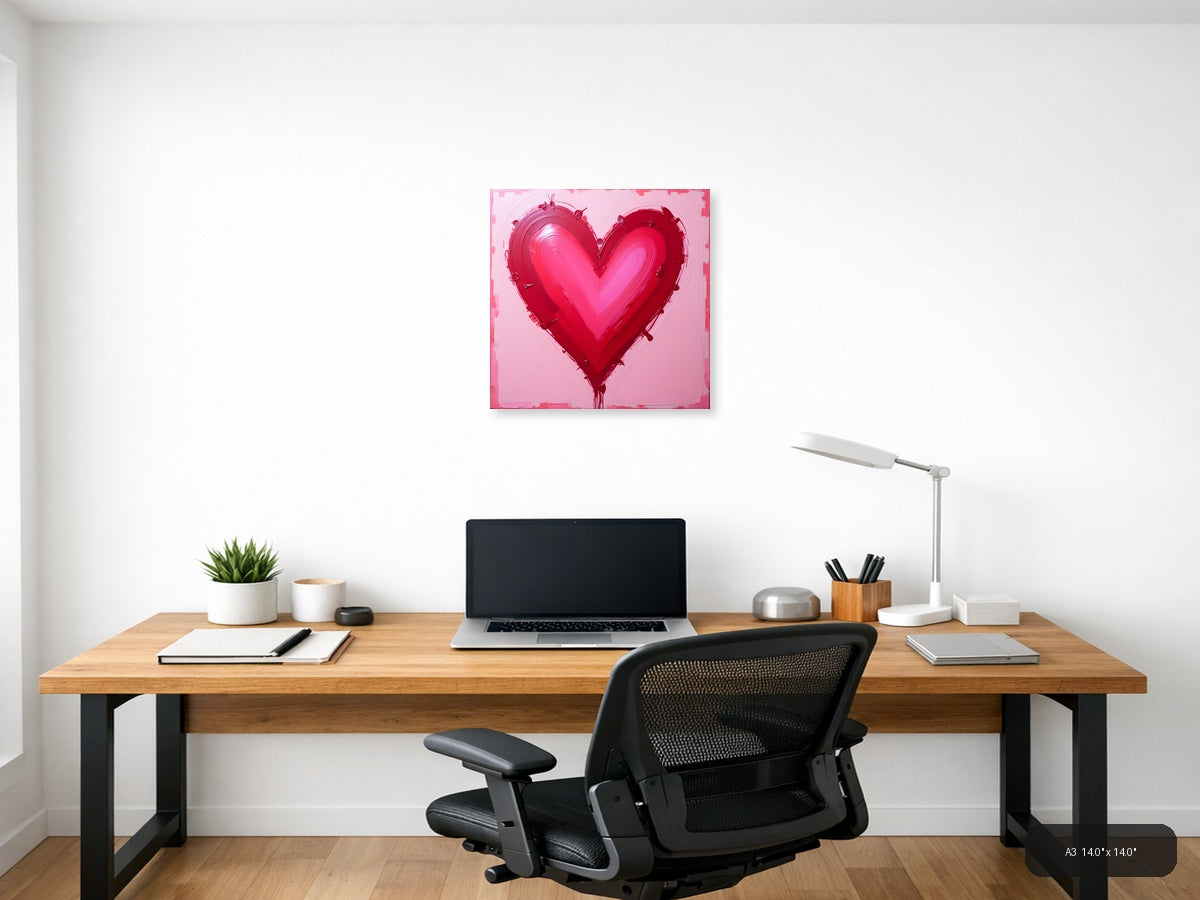Abstract Red Heart Painting on Pink Background Wall Art — A3 / Office