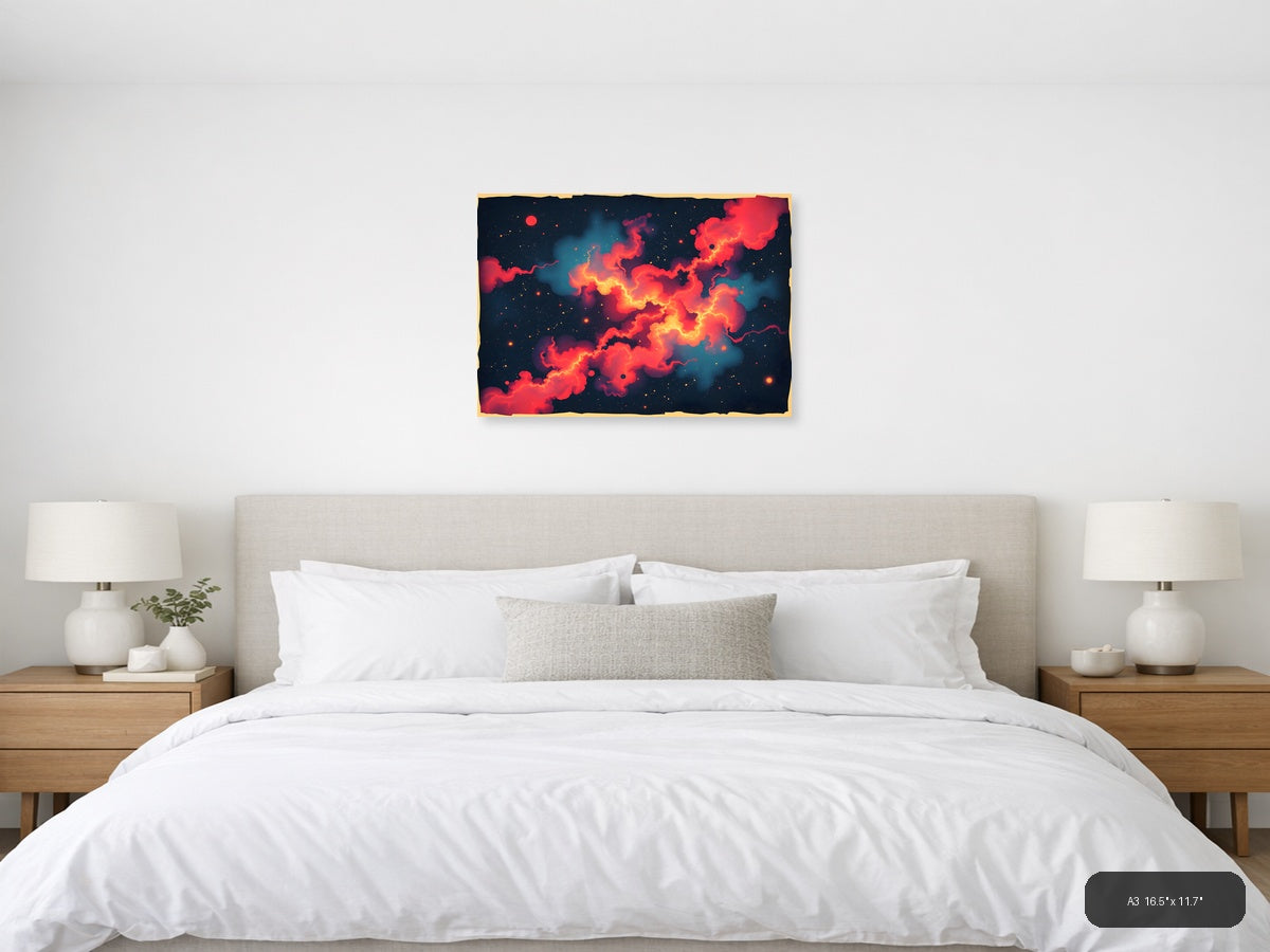 Vintage Cosmic Nebula Red Orange Galaxy Wall Art — A3 / Bedroom