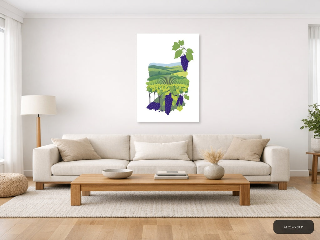 Minimalist Vineyard Landscape with Purple Grapes Wall Art — A1 / Living Room