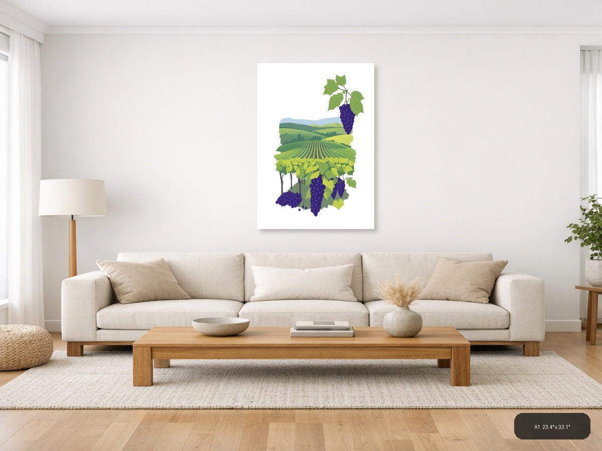 Minimalist Vineyard Landscape with Purple Grapes Wall Art — A1 / Living Room