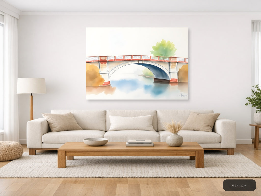 Watercolor Bridge Over Calm Water - Landscape Wall Art — A1 / Living Room
