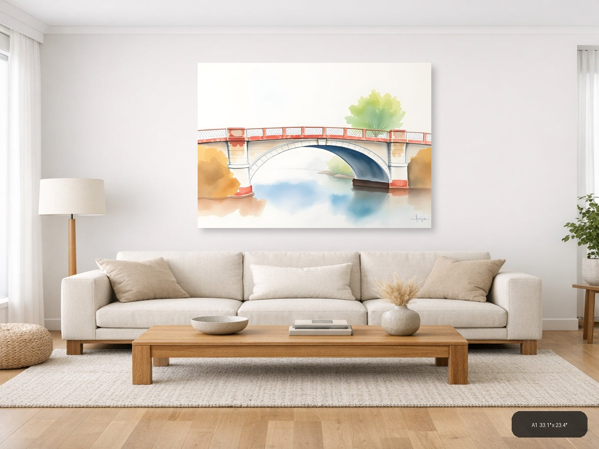 Watercolor Bridge Over Calm Water - Landscape Wall Art — A1 / Living Room