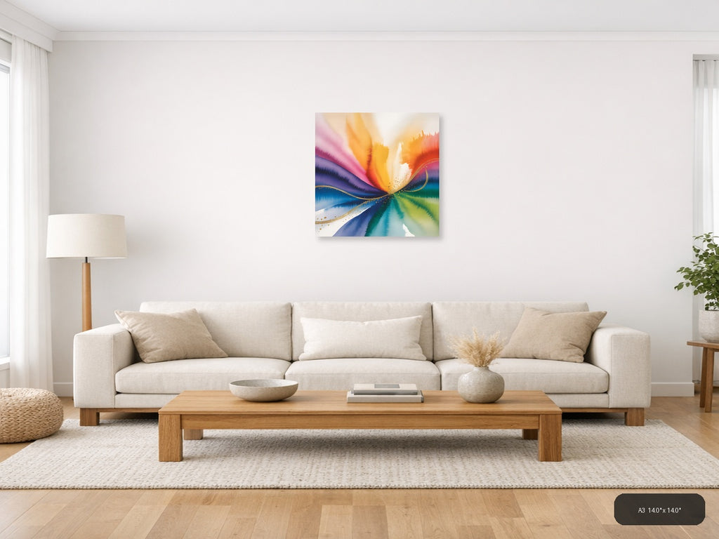 Rainbow Watercolor Wave with Gold Accents Wall Art — A3 / Living Room