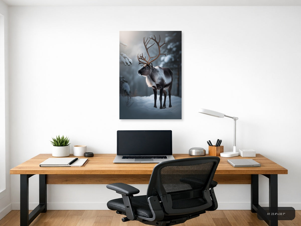 Majestic Reindeer in Snowy Winter Forest Photography Wall Art — A1 / Office