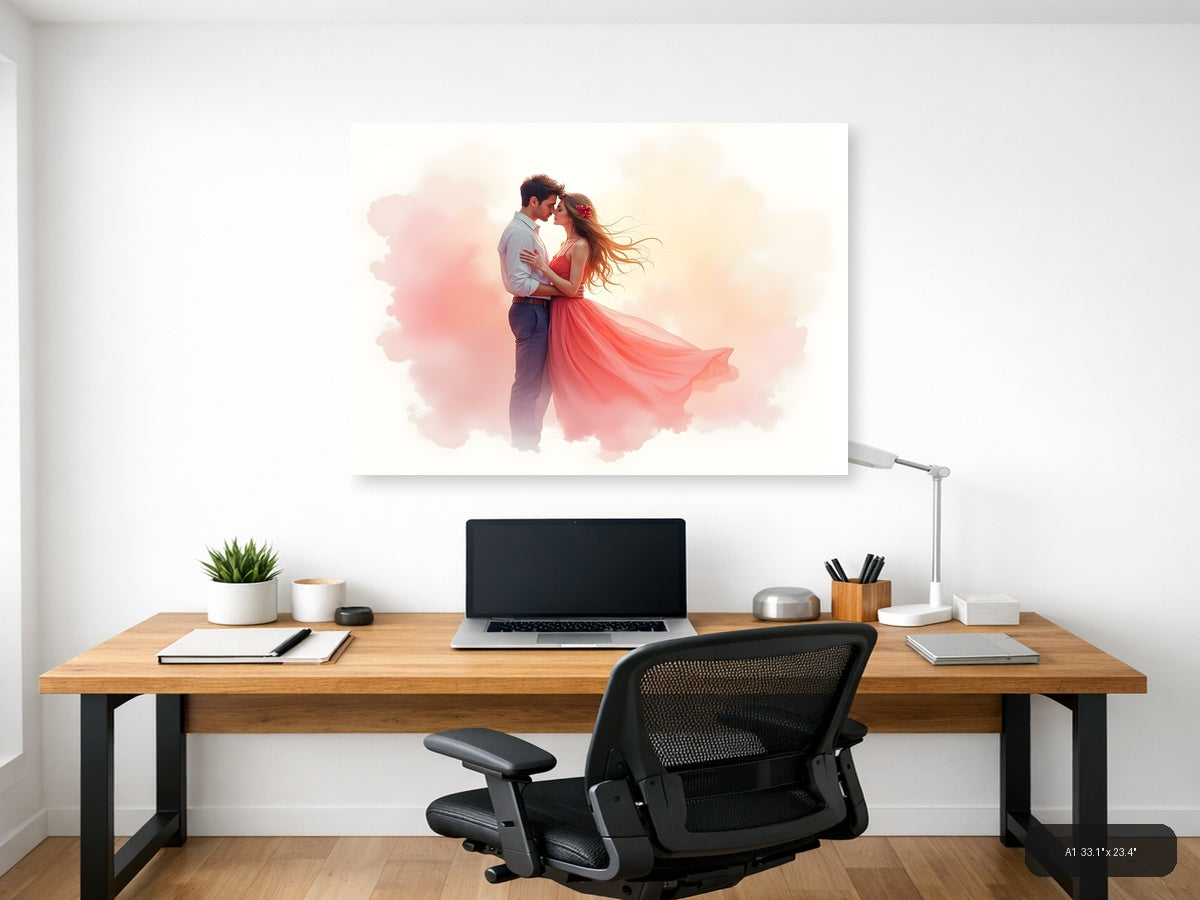 Romantic Couple Watercolor Illustration Wall Art — A1 / Office