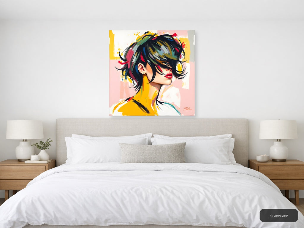 Colorful Abstract Portrait with Black Hair Wall Art — A1 / Bedroom