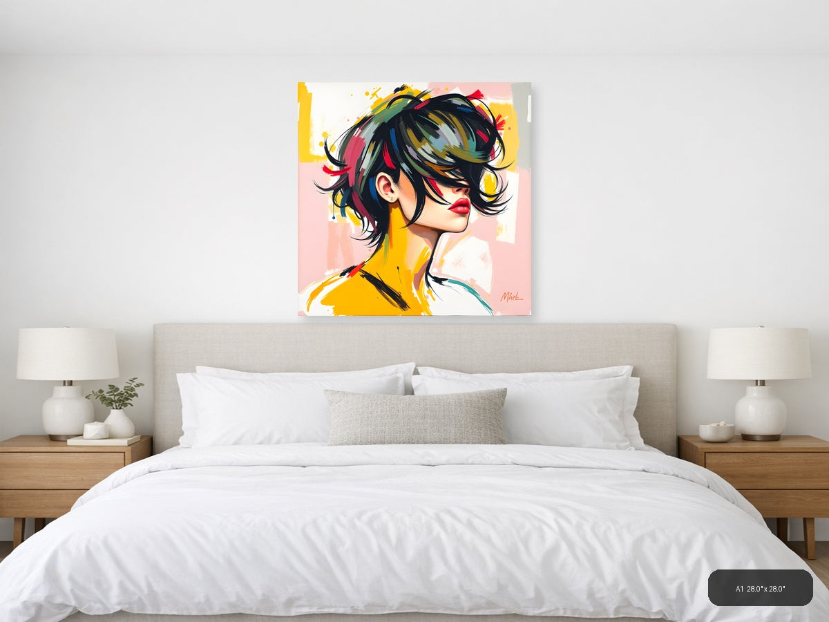 Colorful Abstract Portrait with Black Hair Wall Art — A1 / Bedroom