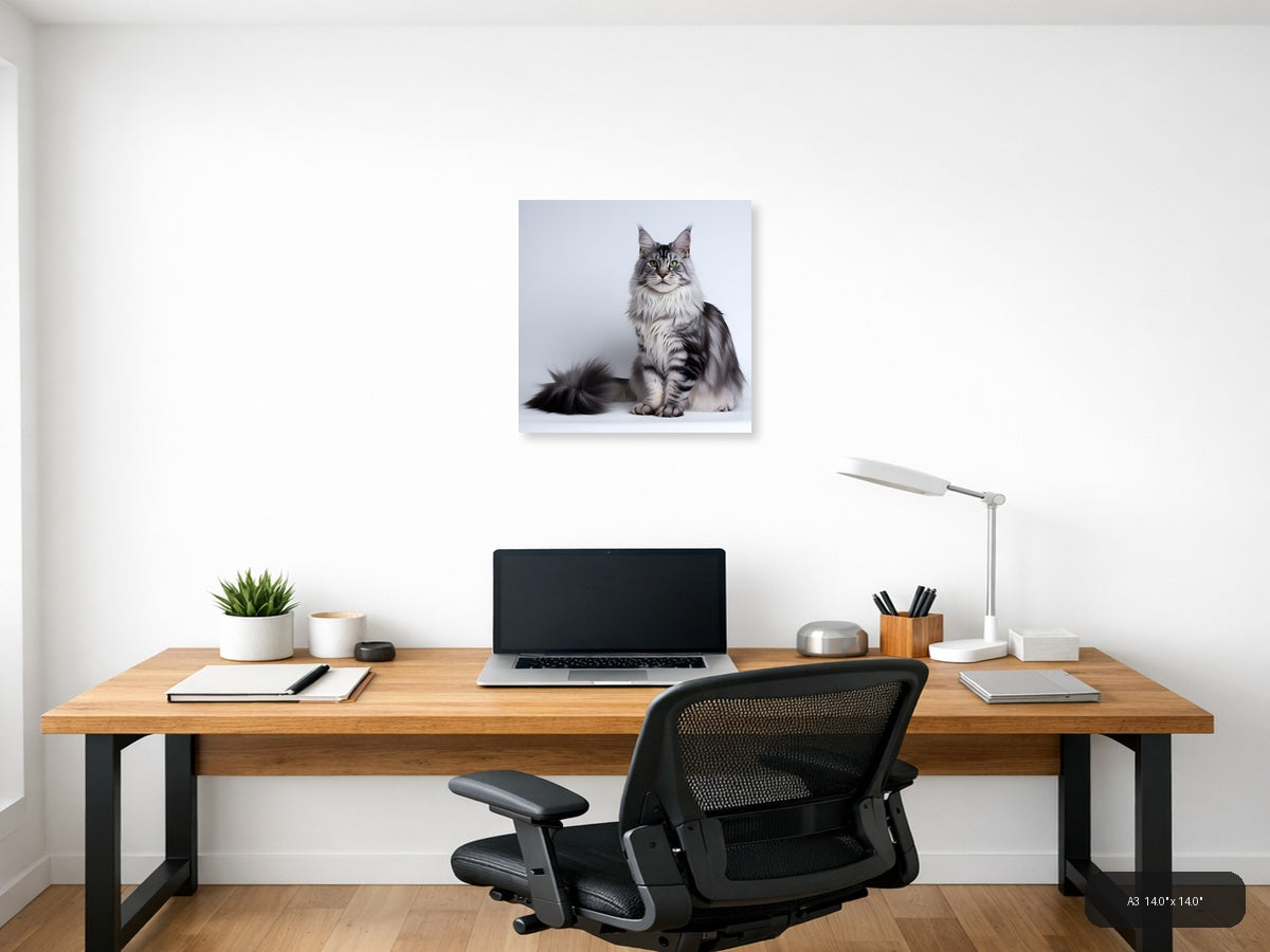 Gray Tabby Cat with Green Eyes Minimalist Wall Art — A3 / Office