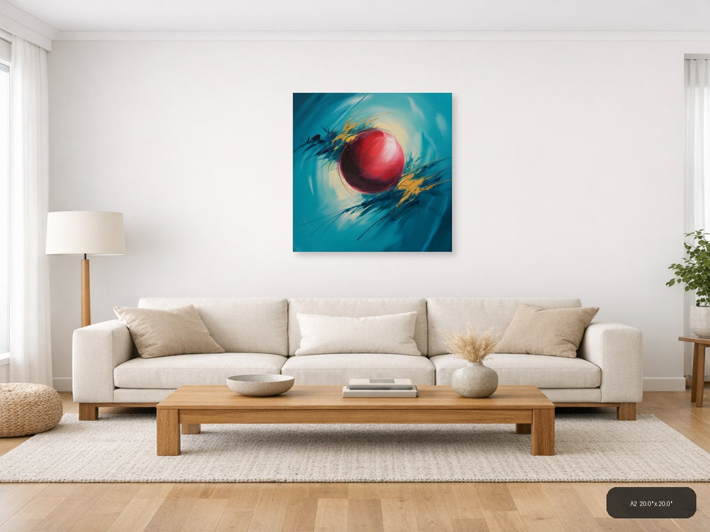 Red Sphere Abstract Turquoise Motion Wall Art — A2 / Living Room