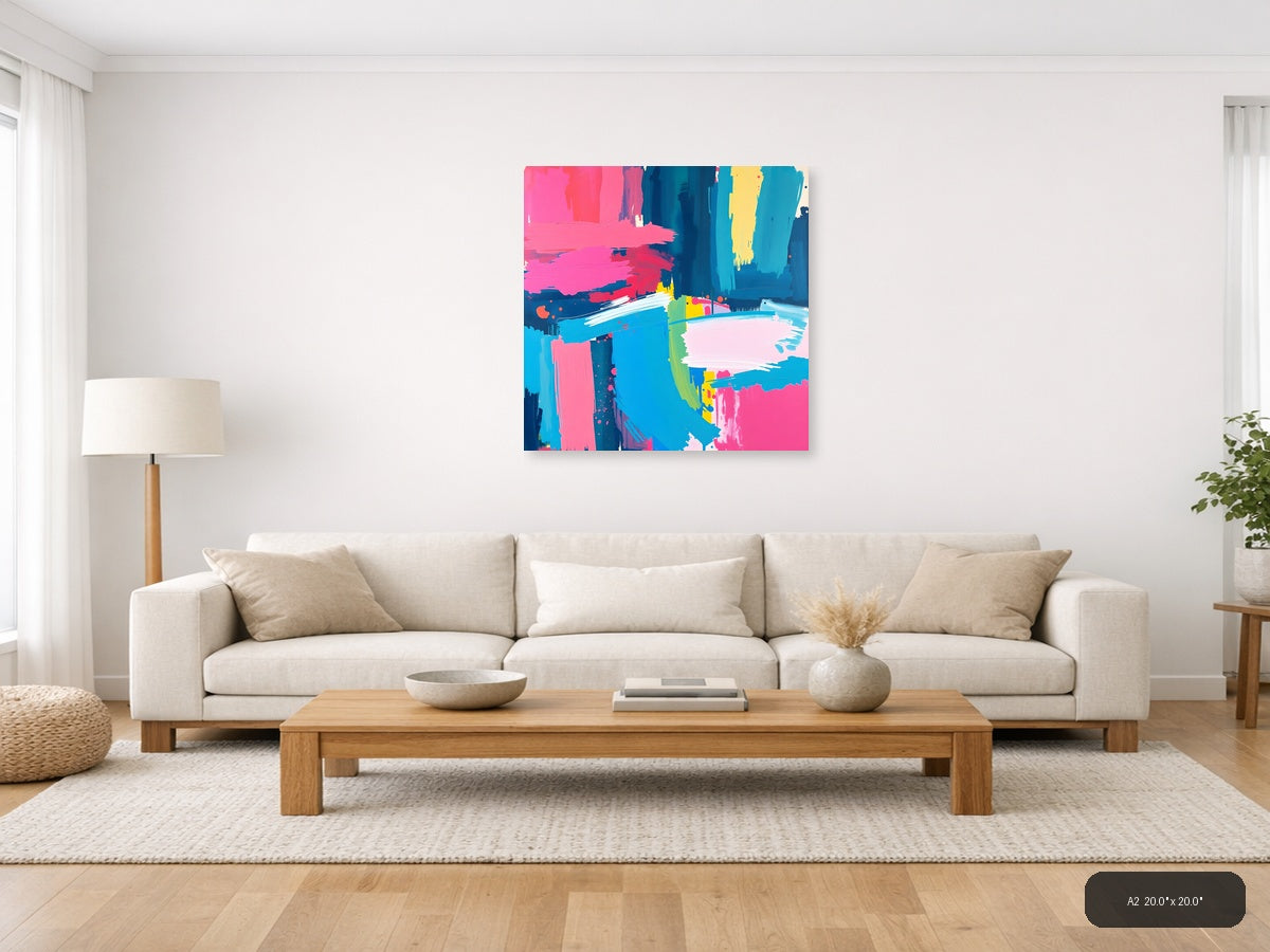 Vibrant Abstract Brushstrokes Cyan Pink Yellow Wall Art — A2 / Living Room