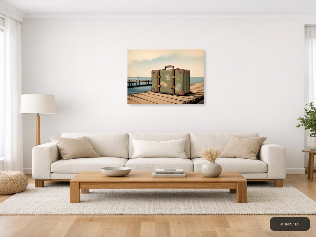 Vintage Suitcase on Dock - Coastal Travel Wall Art — A3 / Living Room