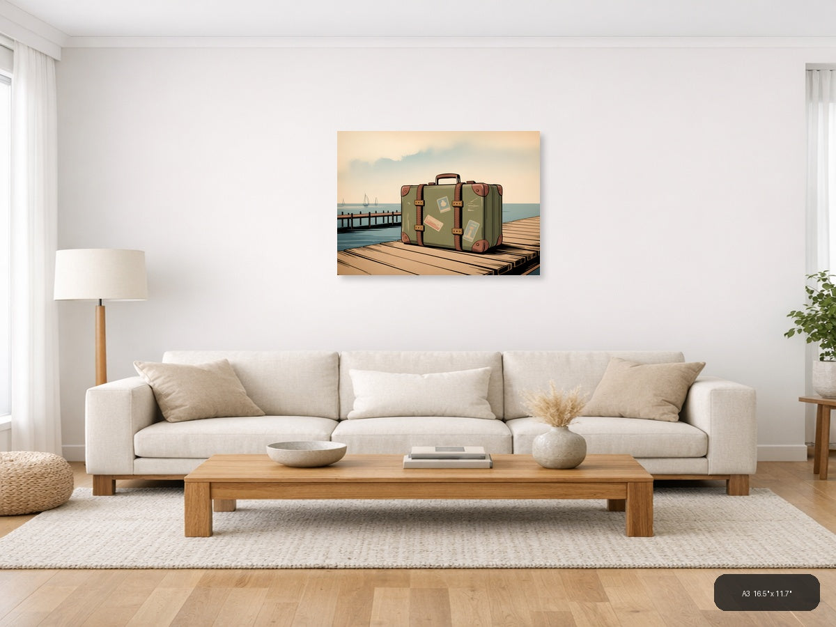 Vintage Suitcase on Dock - Coastal Travel Wall Art — A3 / Living Room