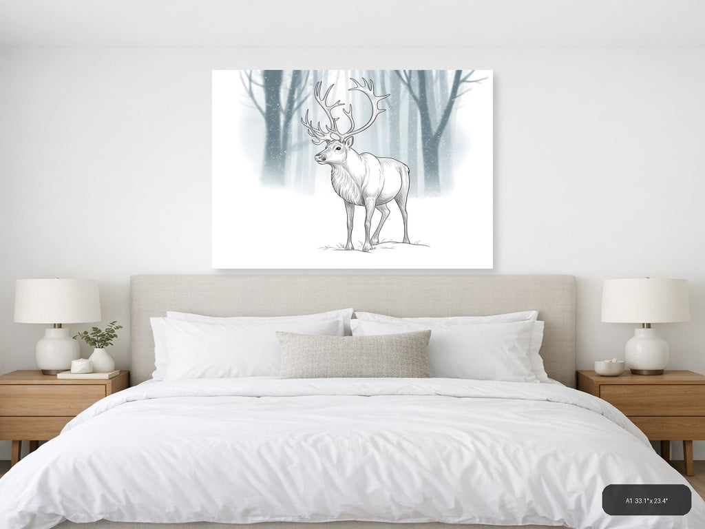 Majestic Deer with Antlers Winter Forest Line Art Wall Art — A1 / Bedroom