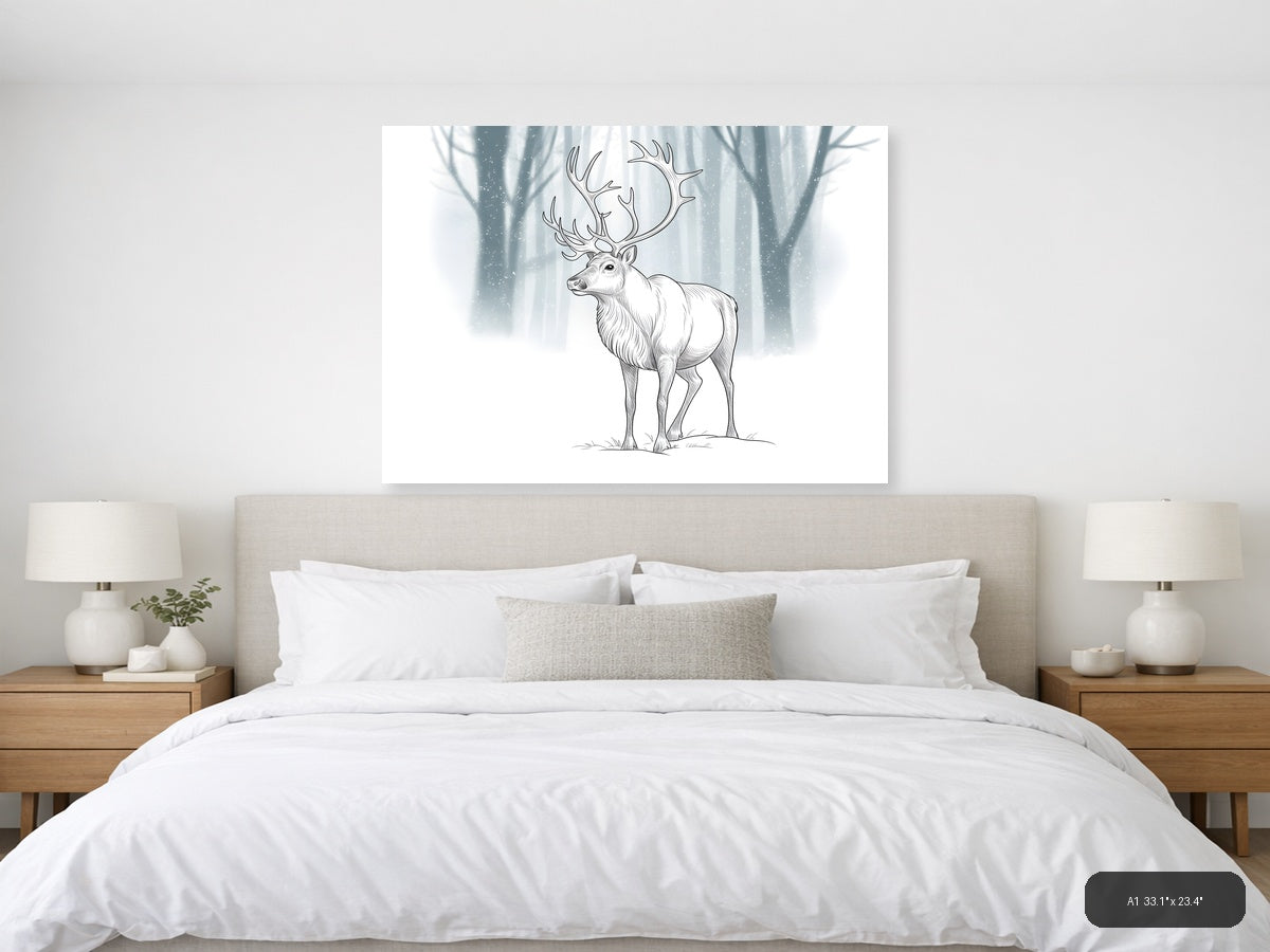 Majestic Deer with Antlers Winter Forest Line Art Wall Art — A1 / Bedroom