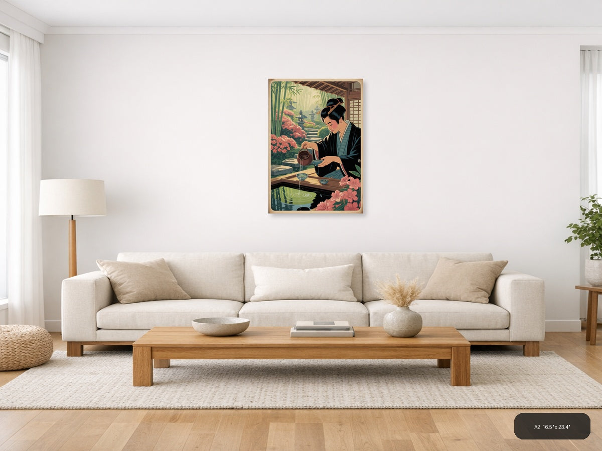 Japanese Woman Pouring Tea in Garden - Vintage Wall Art — A2 / Living Room