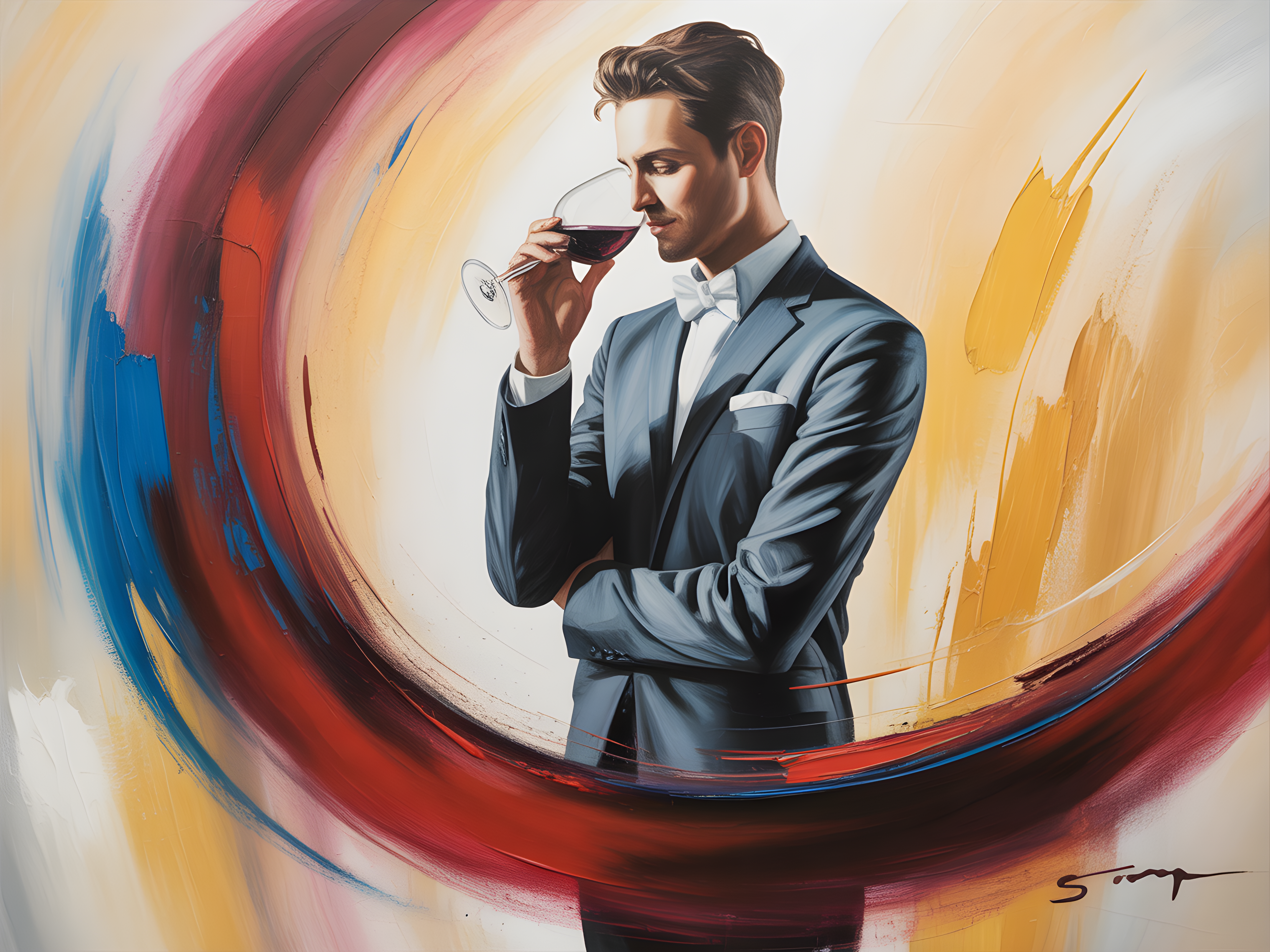 Elegant Man Wine Tasting Abstract Swirl Wall Art