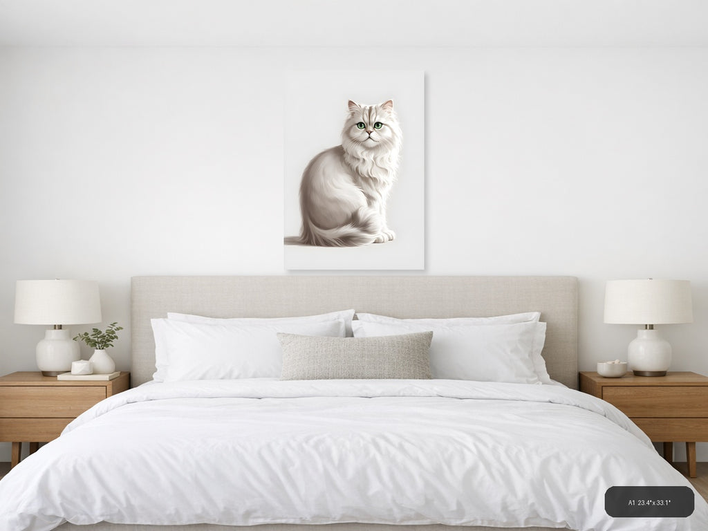 White Fluffy Cat with Green Eyes Minimalist Wall Art — A1 / Bedroom