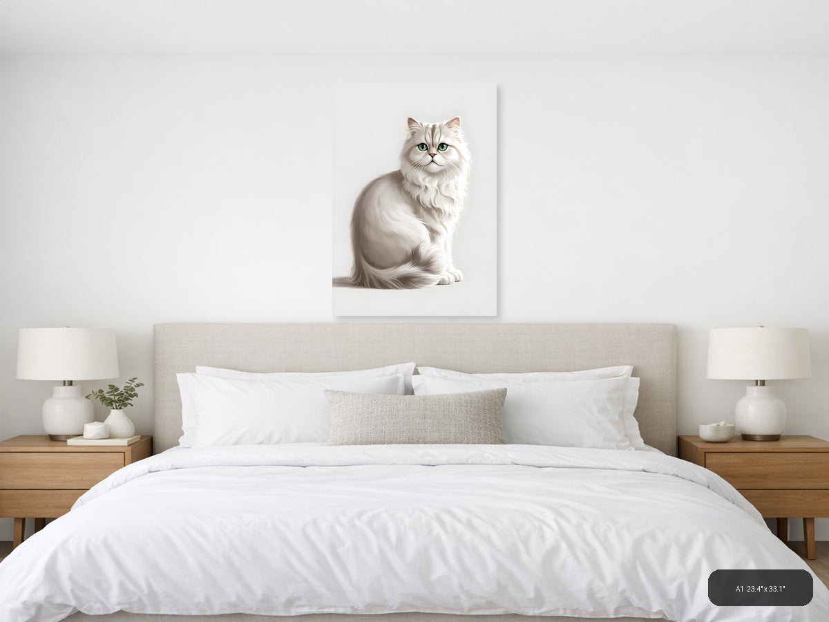 White Fluffy Cat with Green Eyes Minimalist Wall Art — A1 / Bedroom