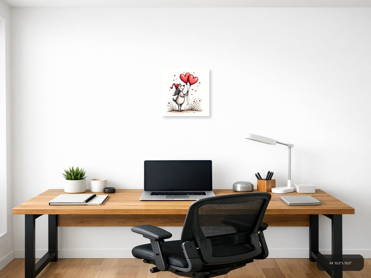 Whimsical Dog with Heart Balloons Line Art Wall Art — A4 / Office