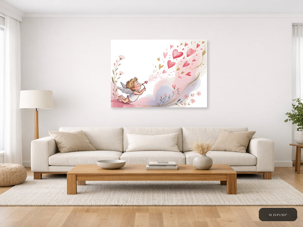 Cupid Blowing Hearts Watercolor Landscape Wall Art — A2 / Living Room