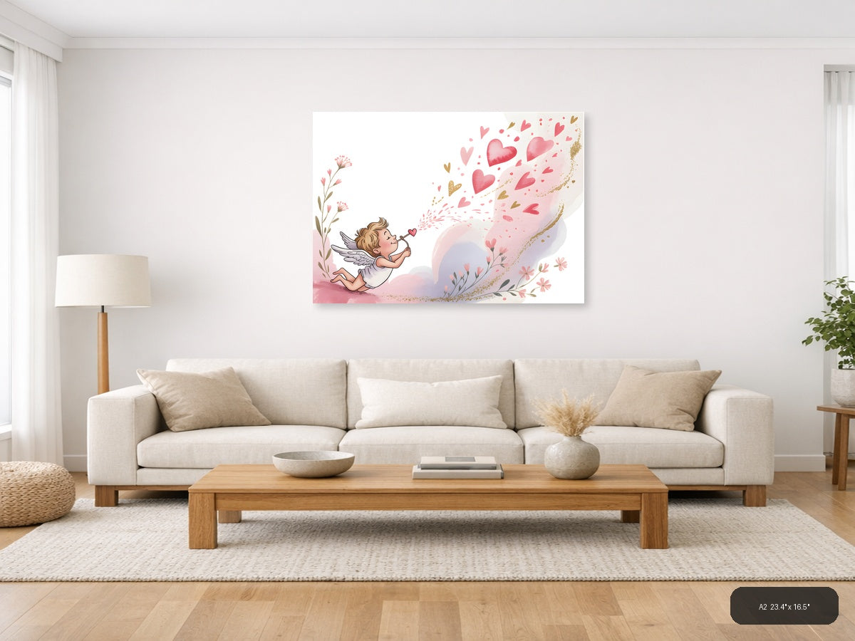 Cupid Blowing Hearts Watercolor Landscape Wall Art — A2 / Living Room