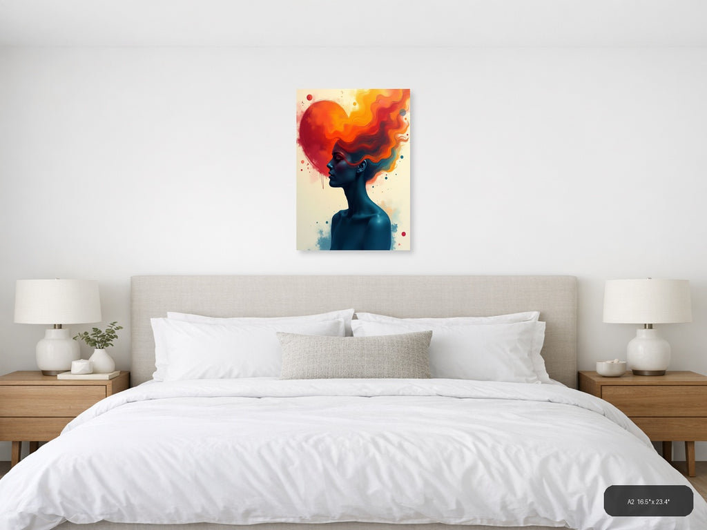 Abstract Silhouette with Flowing Fire Hair Wall Art — A2 / Bedroom