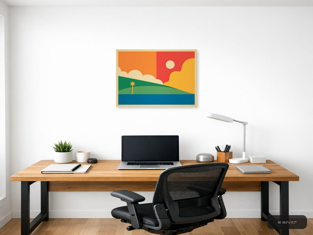 Vintage Sunset Landscape with Palm Tree Wall Art — A3 / Office
