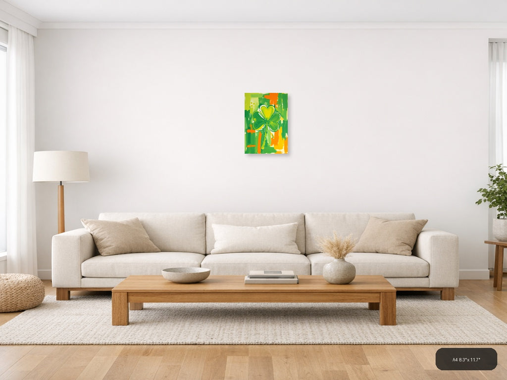 Abstract Four Leaf Clover with Heart - Green Wall Art — A4 / Living Room