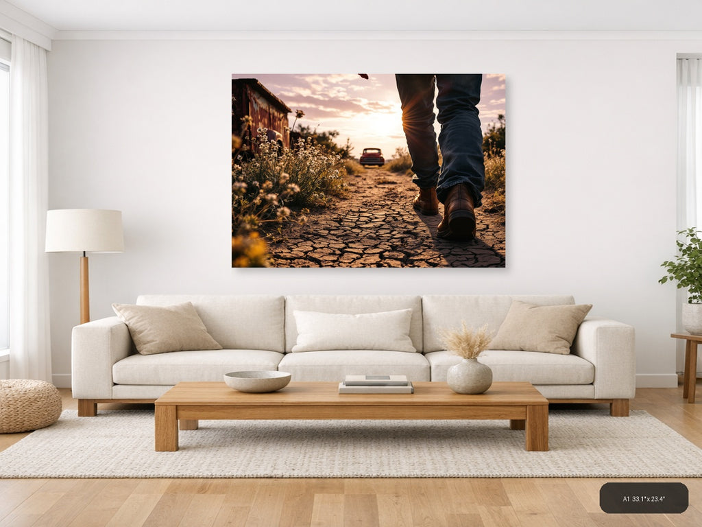Vintage Desert Road Walk at Sunset Wall Art — A1 / Living Room