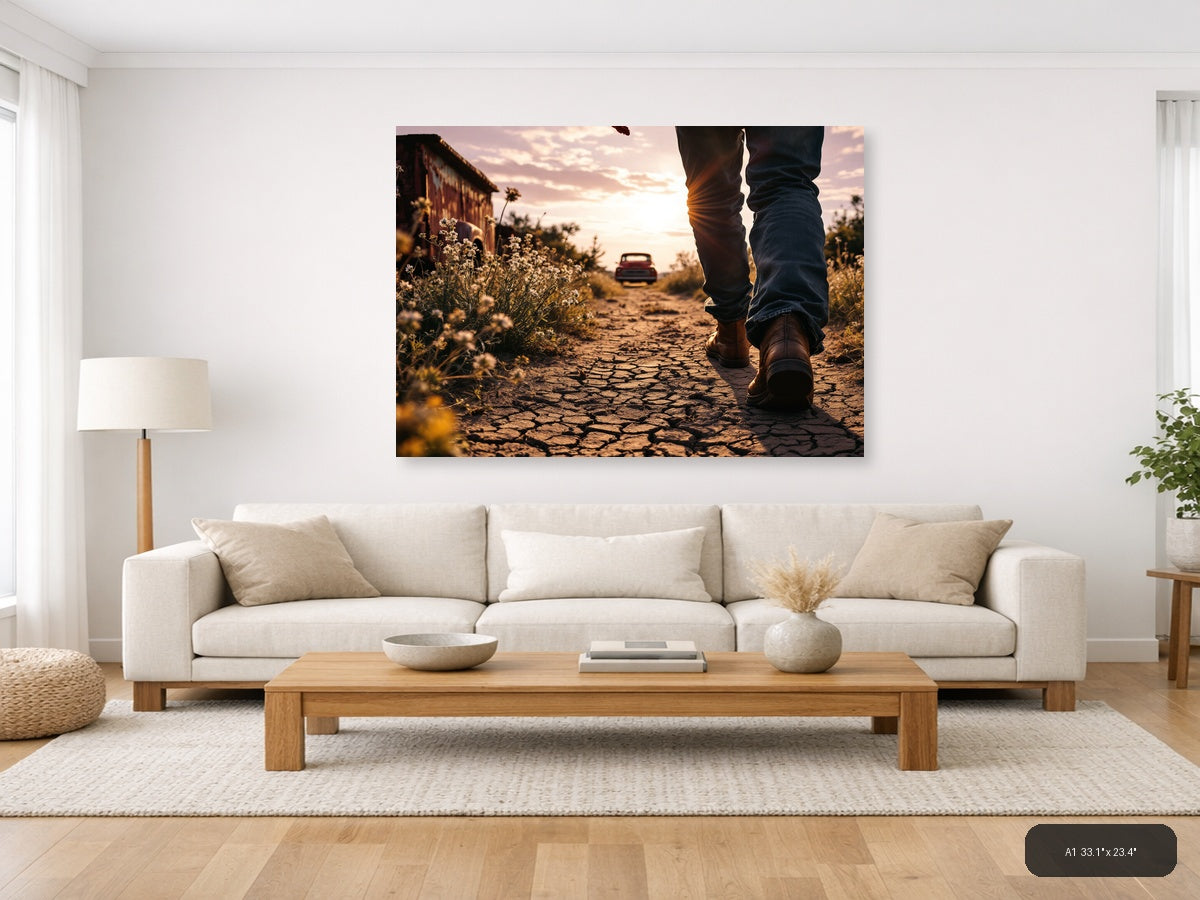 Vintage Desert Road Walk at Sunset Wall Art — A1 / Living Room