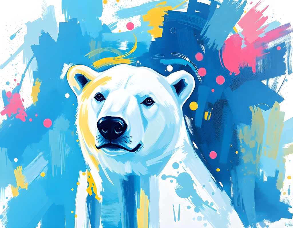 Abstract Polar Bear Portrait Blue Yellow Wall Art