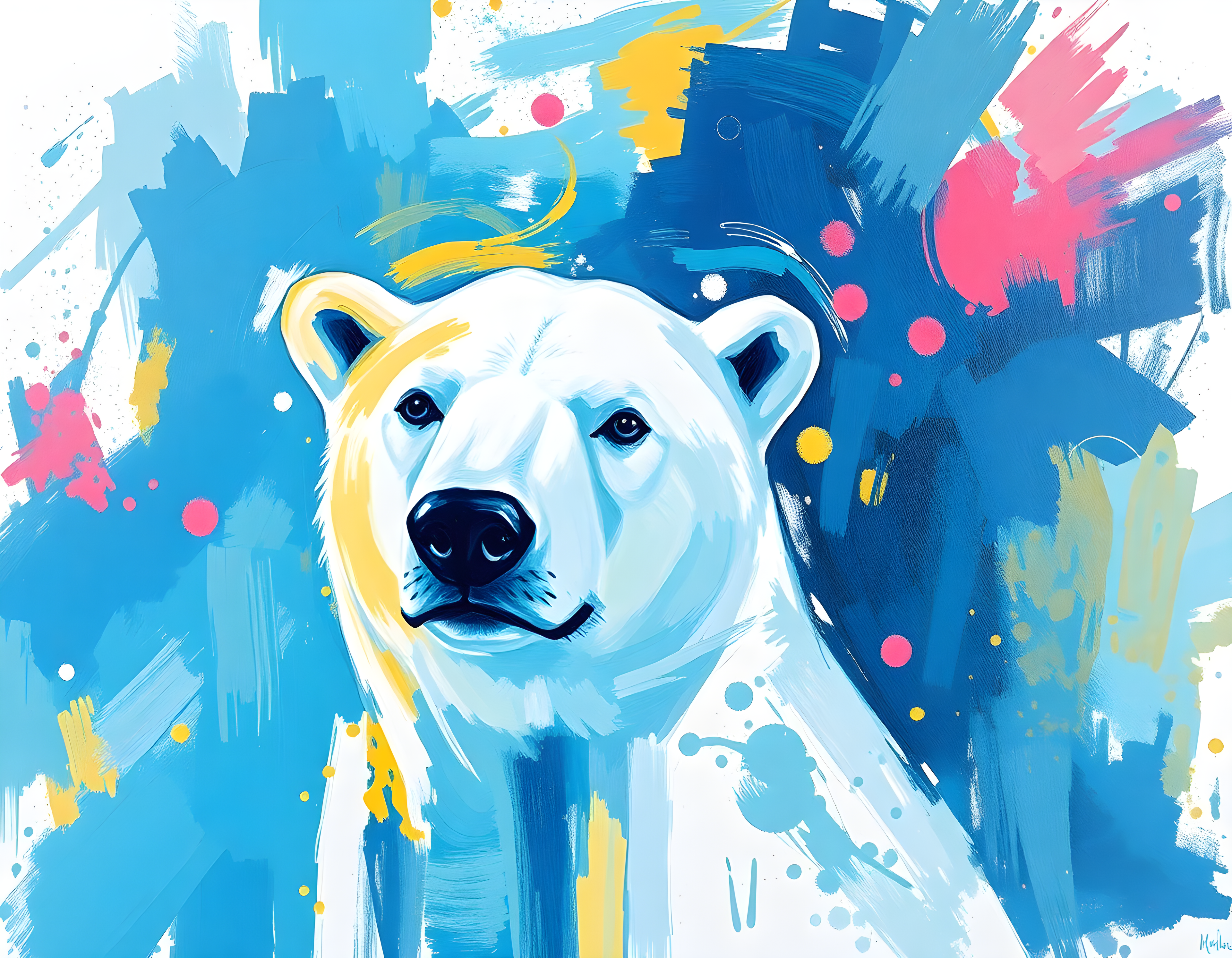 Abstract Polar Bear Portrait Blue Yellow Wall Art