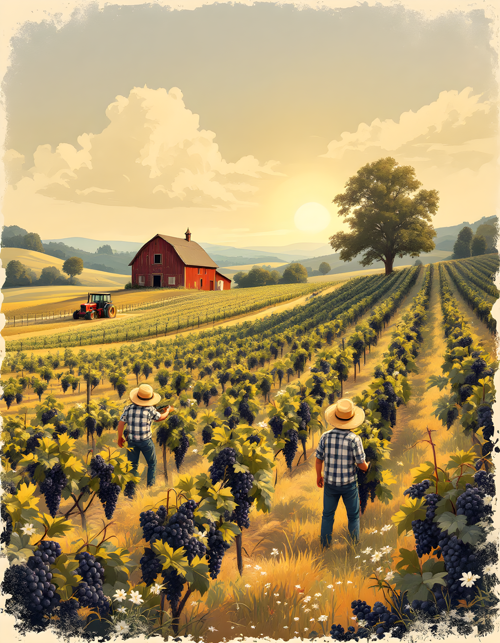 Vintage Vineyard Harvest Farm Landscape Wall Art