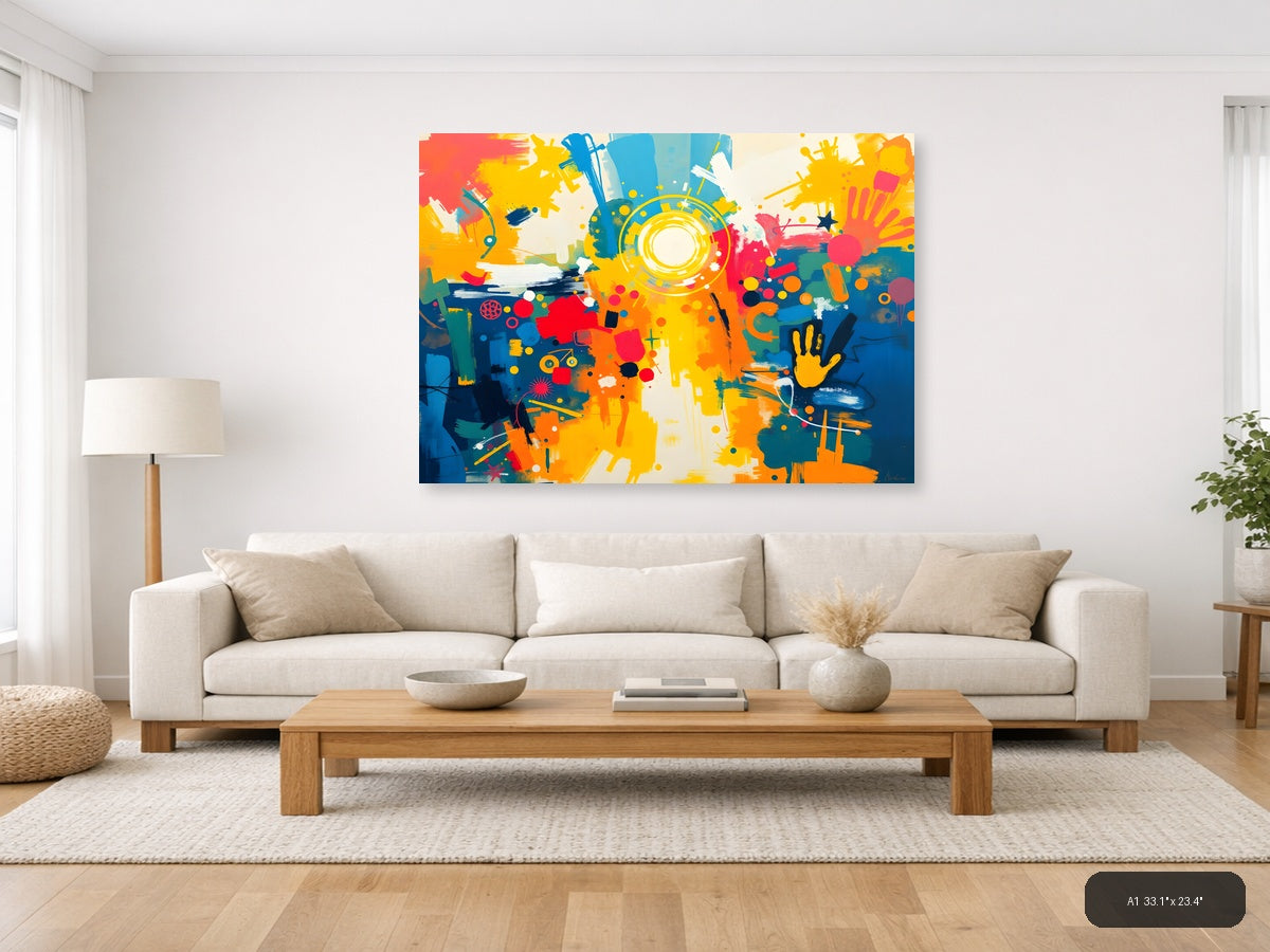 Vibrant Abstract Explosion Circular Yellow Focal Point Wall Art — A1 / Living Room