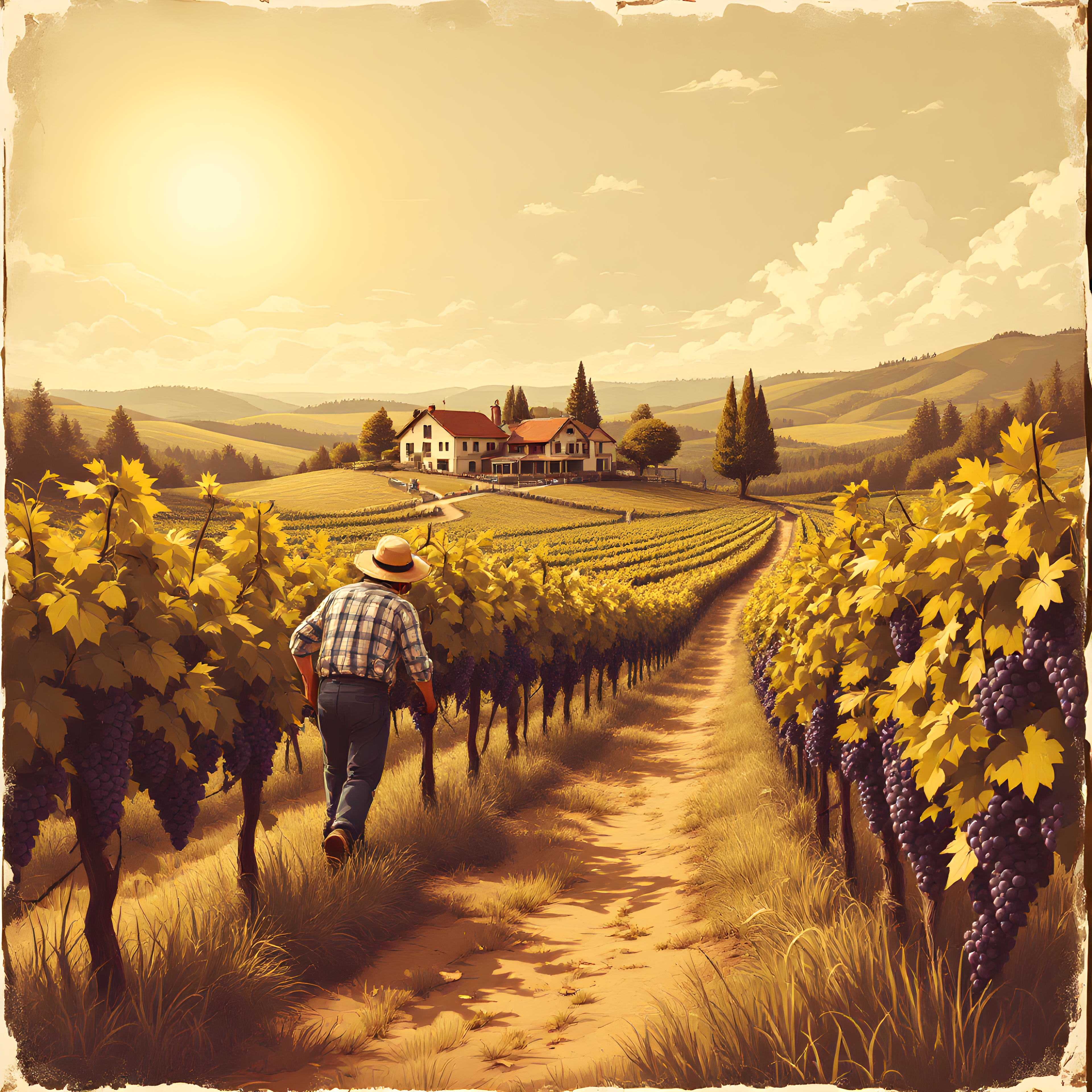 Vintage Vineyard Harvest Farmer Walking Path Wall Art