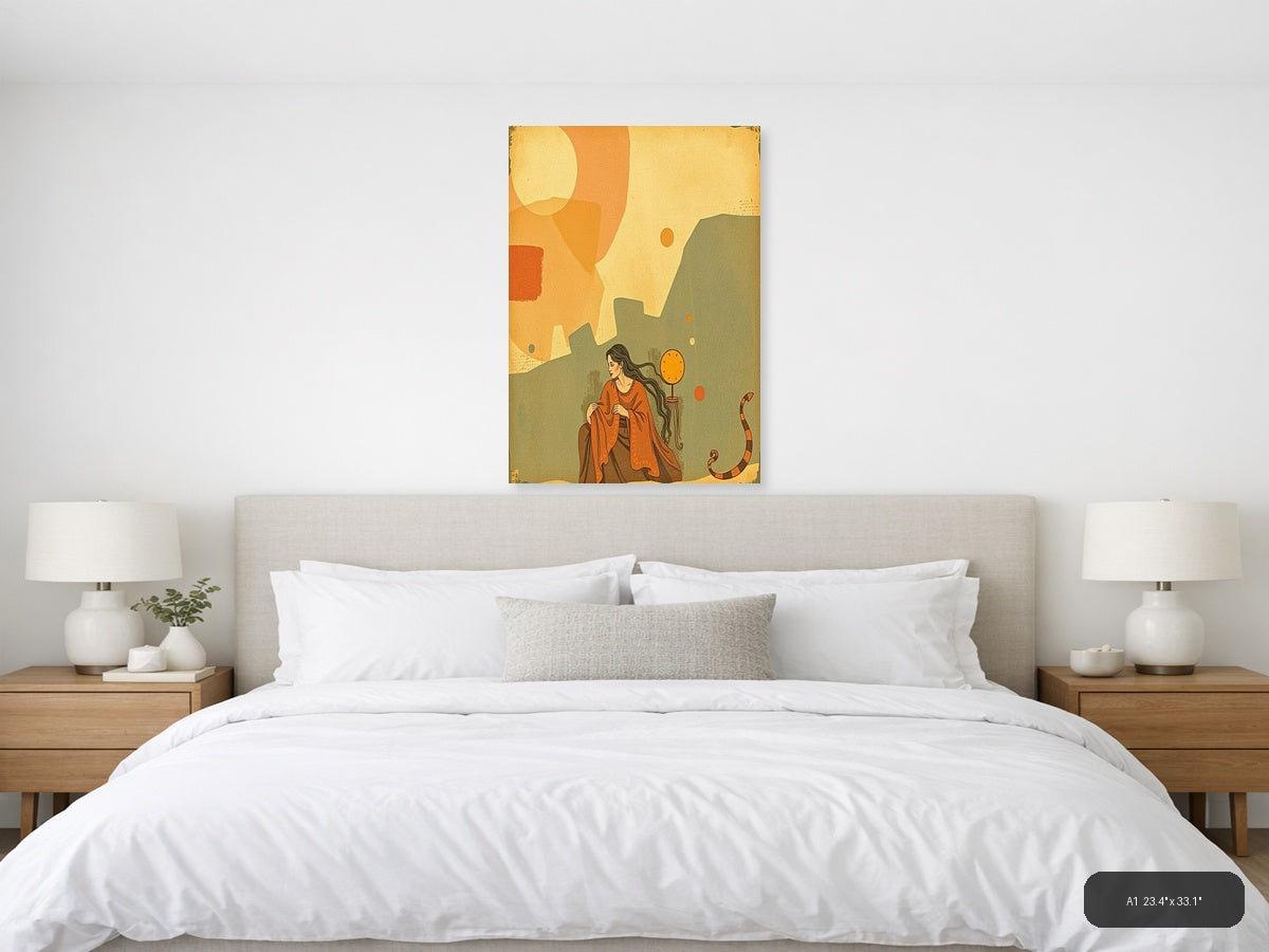 Woman with Clock Vintage Landscape Wall Art — A1 / Bedroom
