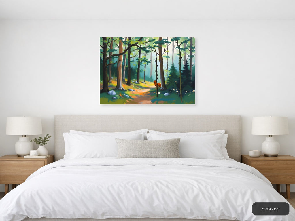 Forest Path with Red Fox - Abstract Landscape Wall Art — A2 / Bedroom