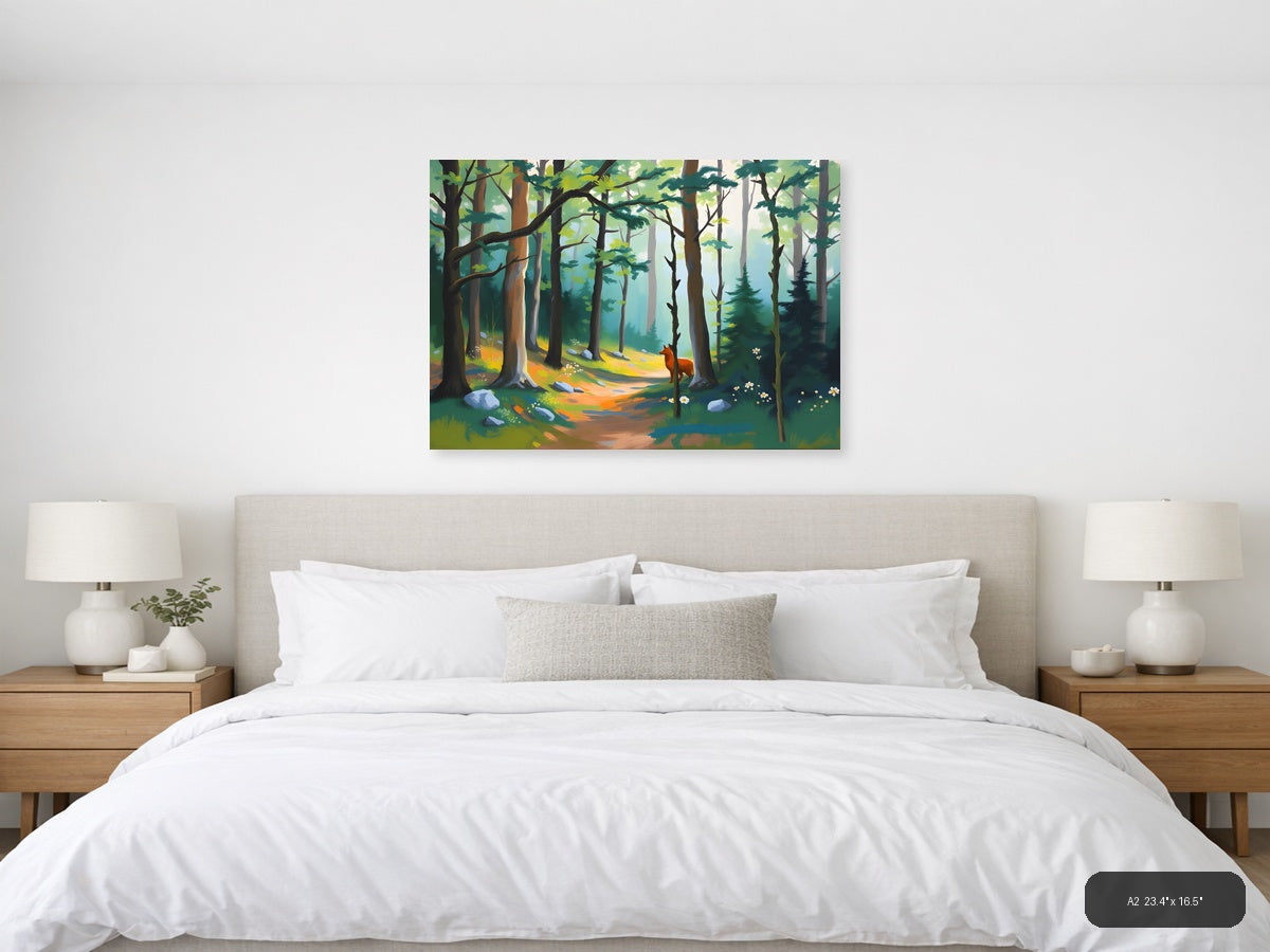 Forest Path with Red Fox - Abstract Landscape Wall Art — A2 / Bedroom