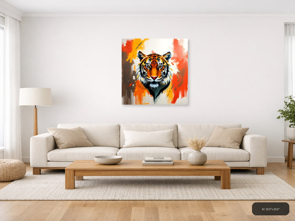 Abstract Tiger Head Orange Splash Modern Wall Art — A2 / Living Room