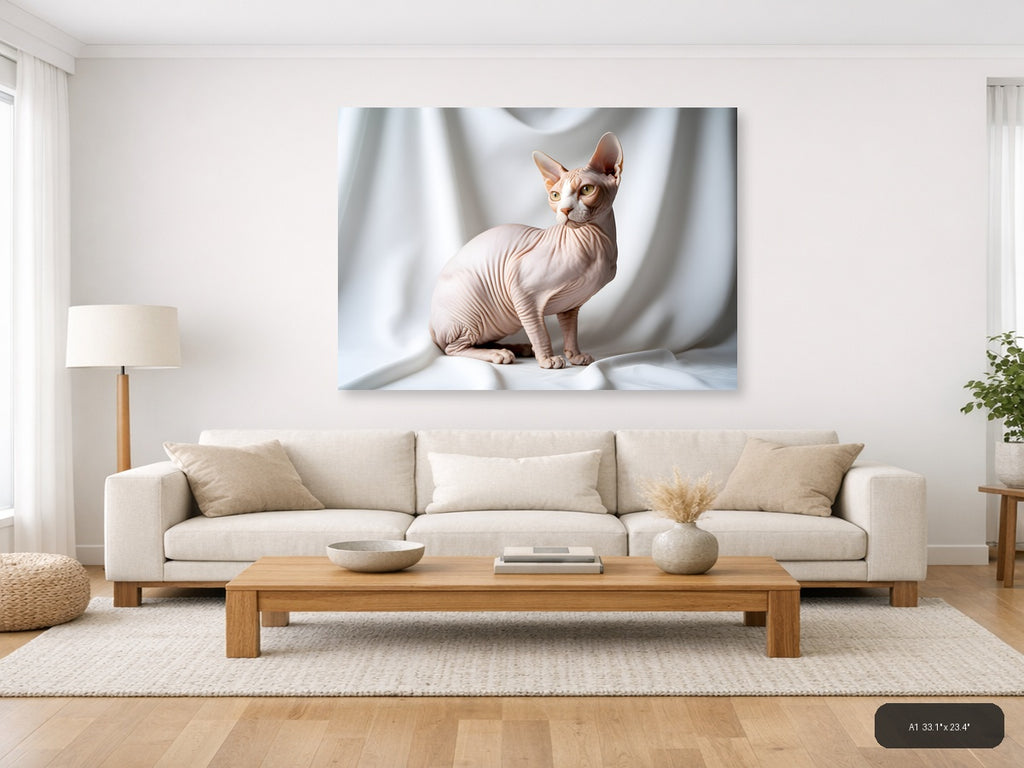 Minimalist Hairless Cat Portrait Landscape Wall Art — A1 / Living Room