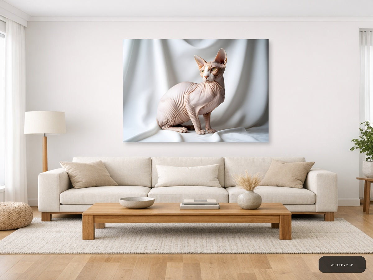 Minimalist Hairless Cat Portrait Landscape Wall Art — A1 / Living Room