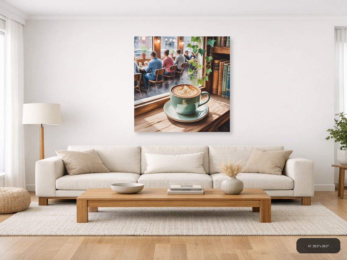 Cozy Café Latte Watercolor Window Scene Wall Art — A1 / Living Room