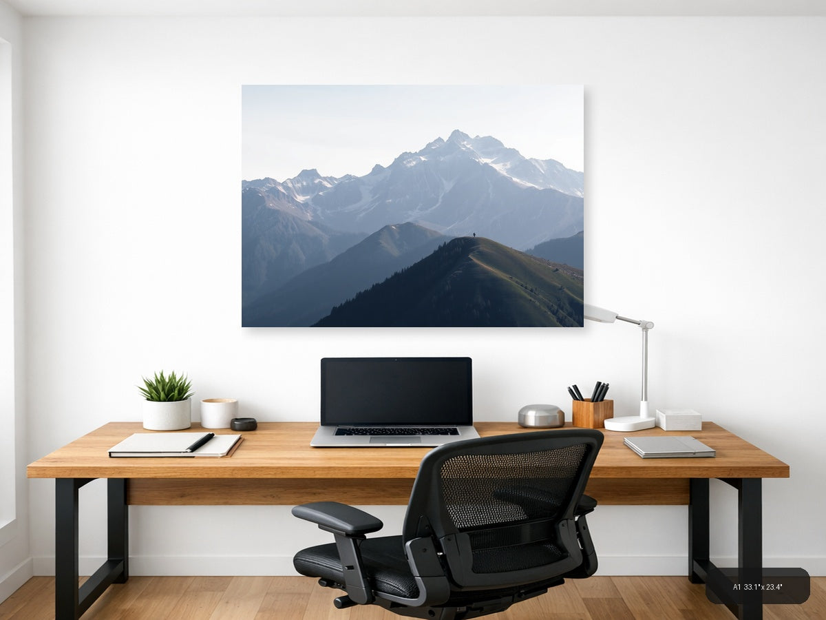 Solitary Hiker Mountain Peak Landscape | Minimalist Canvas Wall Art — A1 (Office)