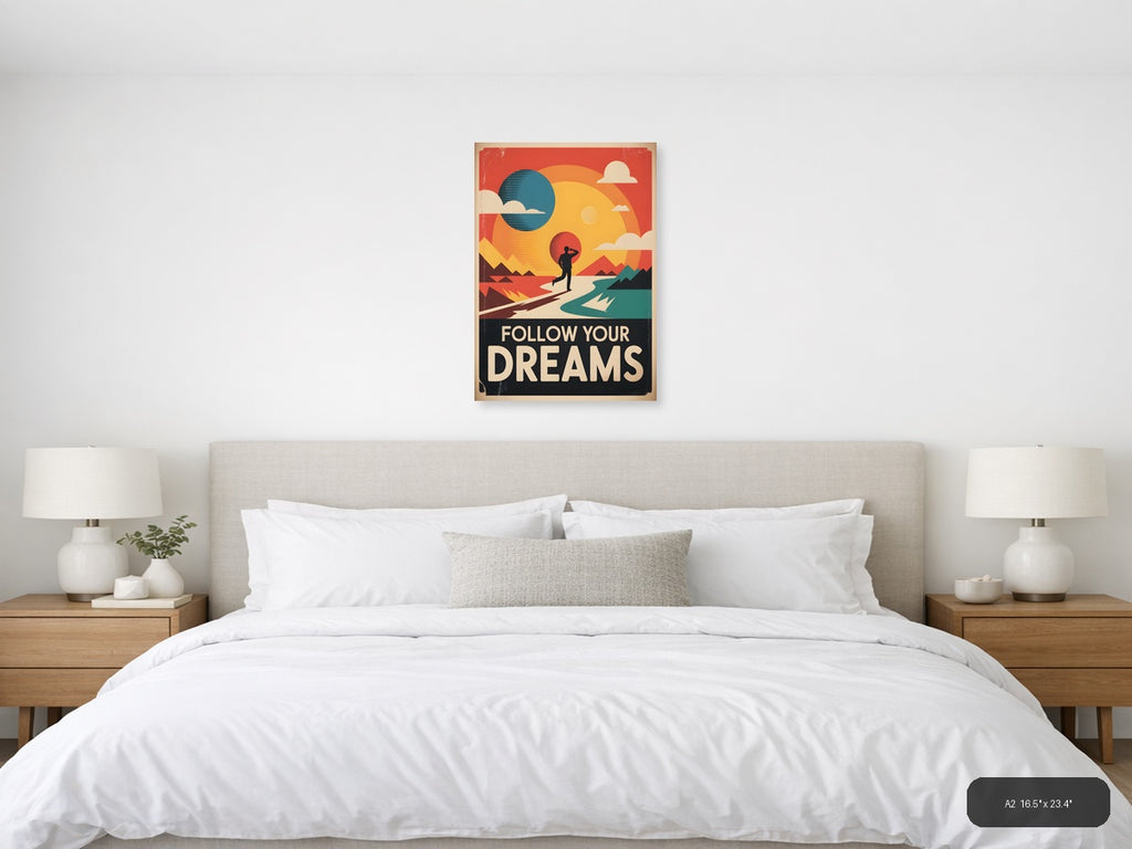 Follow Your Dreams Vintage Sunset Runner Wall Art — A2 / Bedroom