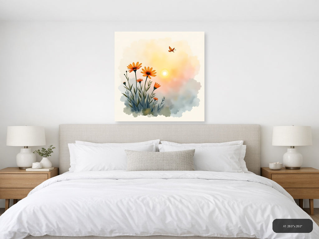 Orange Flowers Butterfly Sunrise Watercolor Wall Art — A1 / Bedroom