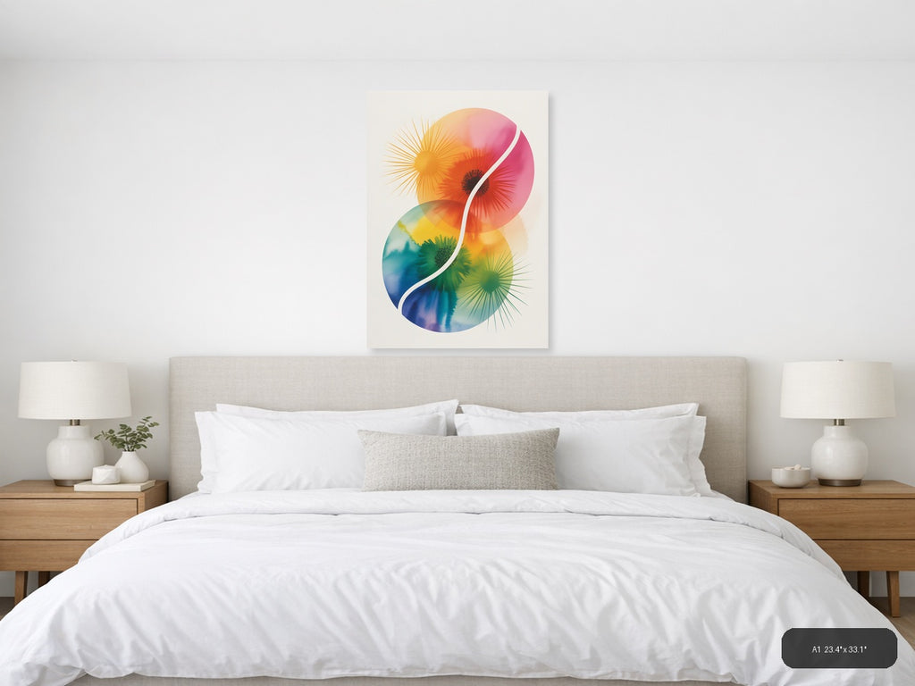 Rainbow Yin Yang Watercolor Floral Wall Art — A1 / Bedroom